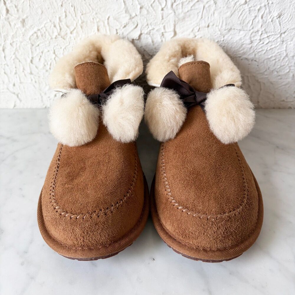 Ugg Kallen Slippers Women's 9 Brown Suede Pom Pom Wool Lined Water Resistant